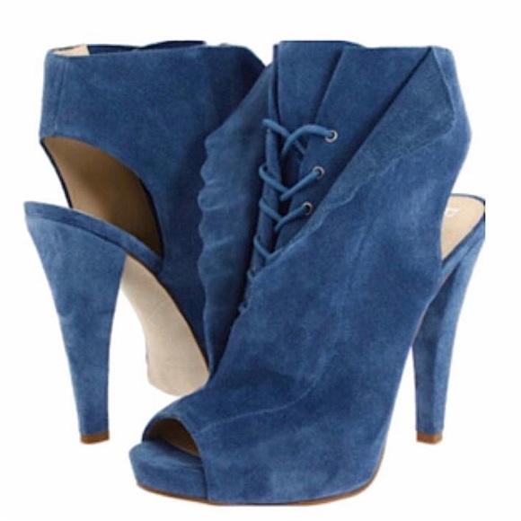 Enzo Angiolini Blue Suede Amarelle Peep Toe Lace Up Platform Heels Size 7 - Picture 9 of 13